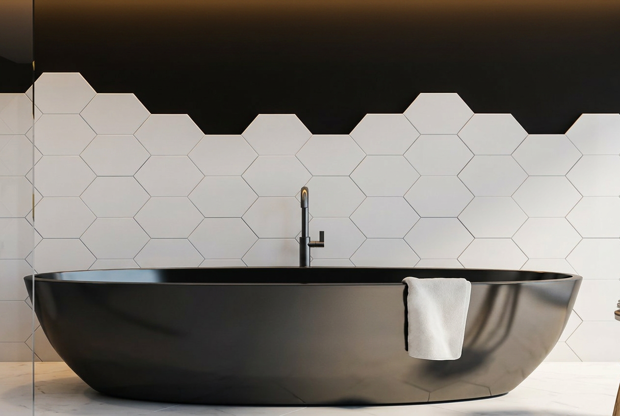 Luxury bathroom with hexagon feature wall and matte black tub